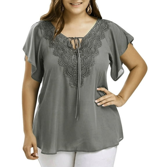 Tops for Women Trendy Womens Casual Plus Size Lace Top V Neck Tie Short Sleeve T-Shirt Solid Tees Summer Loose Blouse Gray XL