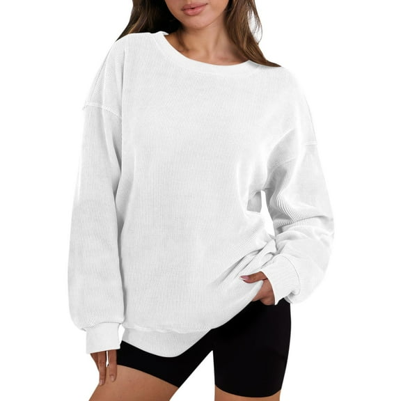 Tops for Women Trendy Womens Oversized Sweatshirt Crewneck Long Sleeve Ribbed Casual Pullover Top Fall Clothes