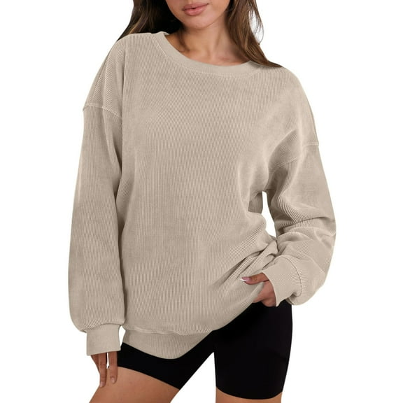 Tops for Women Trendy Womens Oversized Sweatshirt Crewneck Long Sleeve Ribbed Casual Pullover Top Fall Clothes