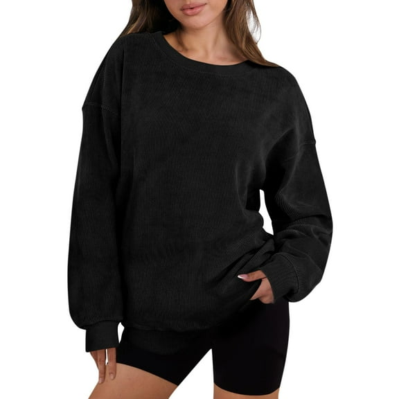 Tops for Women Trendy Womens Oversized Sweatshirt Crewneck Long Sleeve Ribbed Casual Pullover Top Fall Clothes