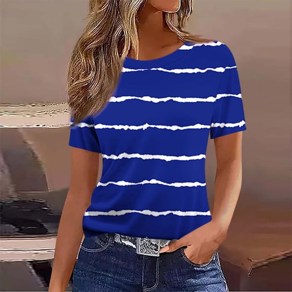 Tops for Women Trendy Womens Shirts Women's Casual And Fashionable Printed T-shirt With Round Neck And Short Sleeved Top Blue S