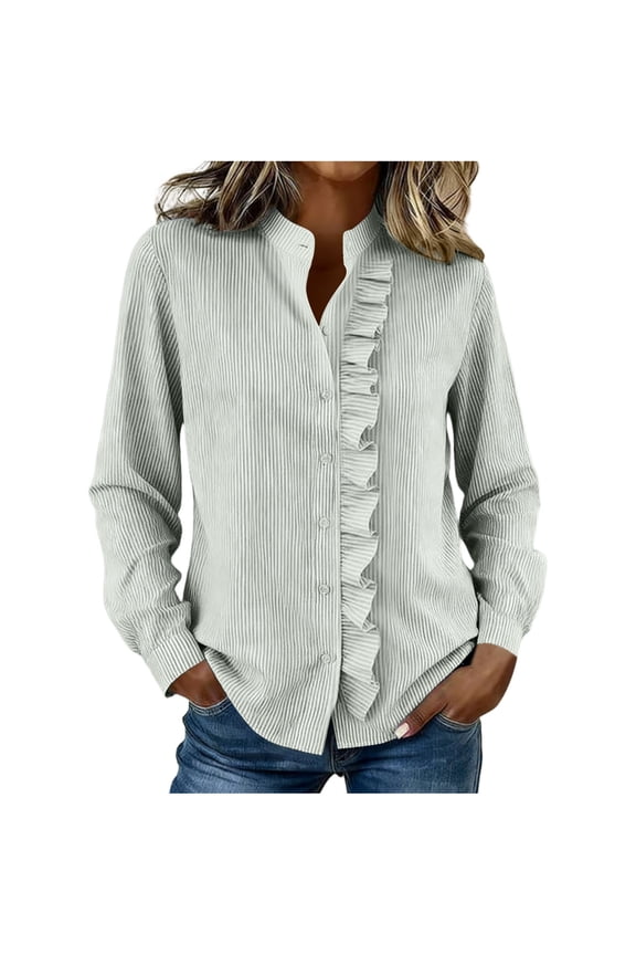 Tops for Women Trendy Work Style Trim Striped Button Down Long Sleeve Blouse Summer Tops