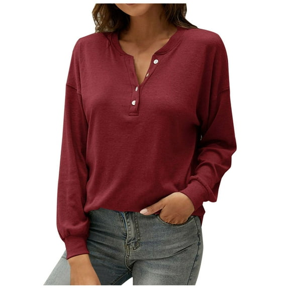 Tops for Women V Neck Button Down Solid Color Basic Blouse Casual Loose Fit Long Sleeve Summer Fall Tunic Shirts