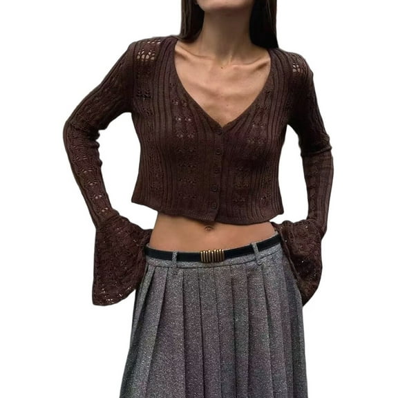 Tops for Women V-Neck Cutout Buttonswhite Cardigan for Women Long Bell Sleeves Knit Coffee Color M