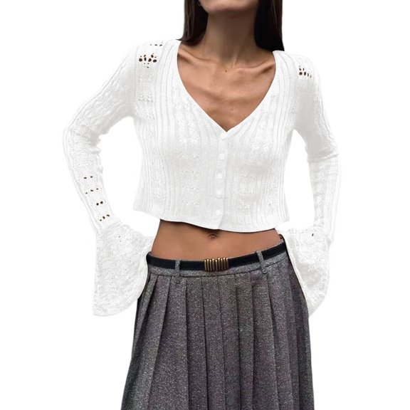 Tops for Women V-Neck Cutout Buttonswhite Cardigan for Women Long Bell Sleeves Knit White L
