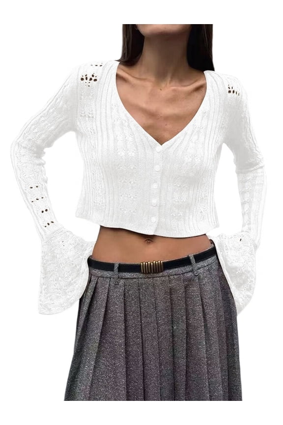 Tops for Women V-Neck Cutout Buttonswhite Cardigan for Women Long Bell Sleeves Knit White M