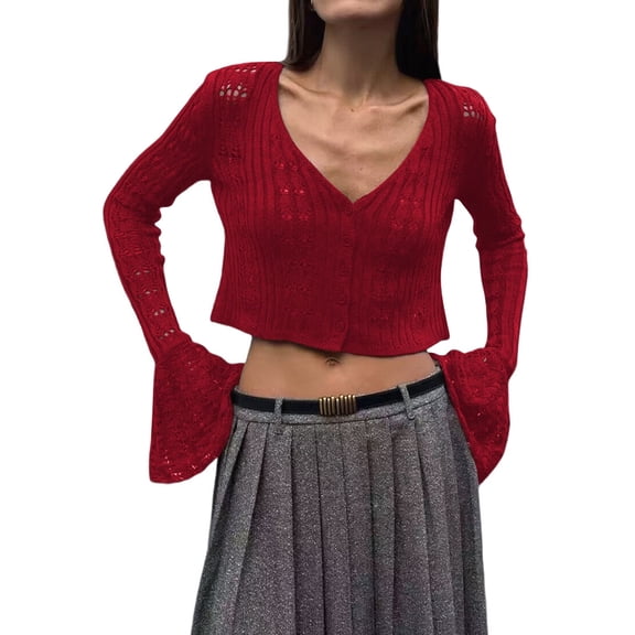 Tops for Women V-Neck Cutout Buttonswhite Cardigan for Women Long Bell Sleeves Knit Wine Red S