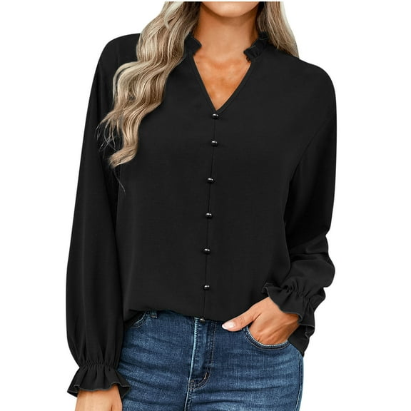 Tops for Women V Neck Flare Long Sleeve Shirts Solid Color Buttons Casual Soft Lightweight Summer Fall Blouse Tee