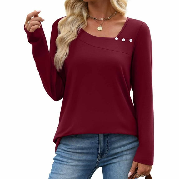 Tops for Women V-Neck Long Sleeve Solid T-shirt Casual Button Tops,Womens Sweatshirts Wine