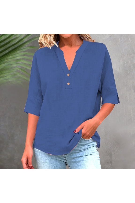 Tops for Women V Neck Loose Fit Summer Casual Blouses Lightweight Linen Tee Shirt