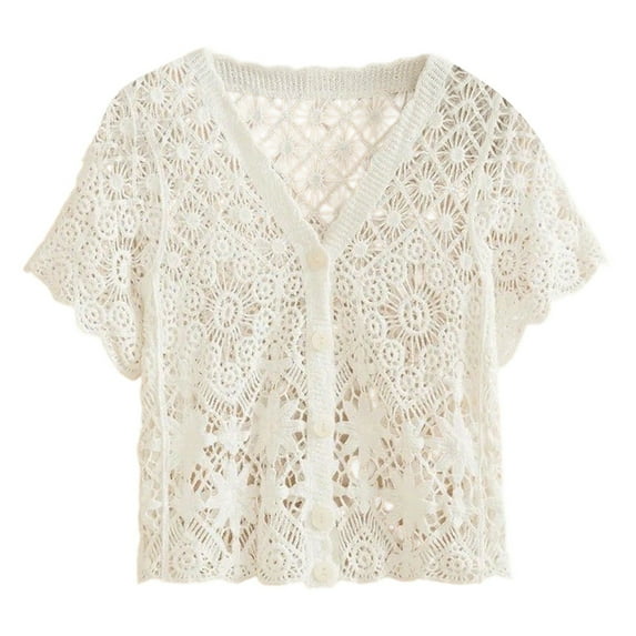 Tops for Women V Neck Short Sleeve Crochet Hollow Out Knit Cover Up Crop Tops for Women,White,XL