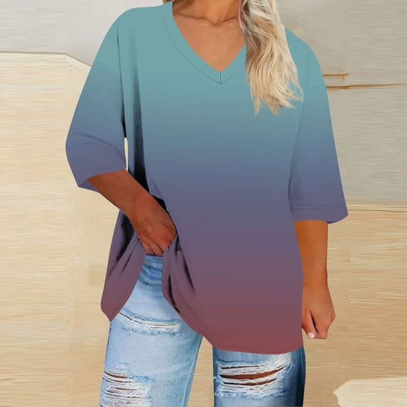 Yijfswar Tops for Women V Neck Tee Gradient Color Shirts Short Sleeve Loose T Shirt Tunic Tops