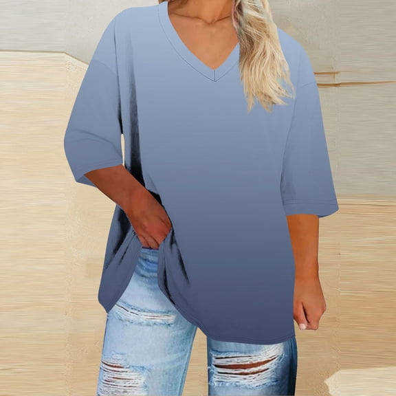 Yijfswar Tops for Women V Neck Tee Gradient Color Shirts Short Sleeve Loose T Shirt Tunic Tops