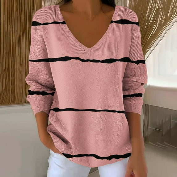 Tops for Women V-neck Long-sleeved Stripe Casual Color Loose Top,Women's Long Sleeve Tops *Pink XL