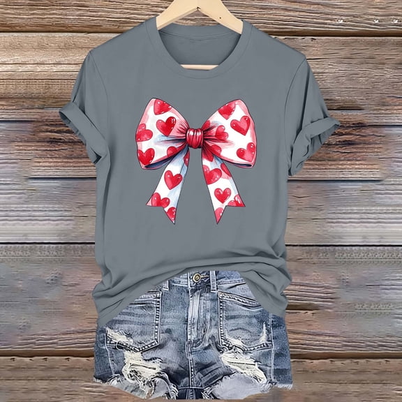 Tops for Women Valentine's Day Bow Print Round Neck Short Sleeve Casual Blouse Gray XXL