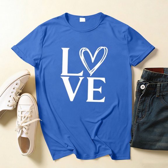 Tops for Women Valentine's Day Heart Print Love Round Neck Short Sleeve Sweet Blouse Blue XXL