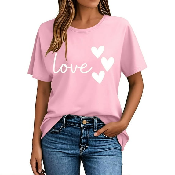 WHLBF Tops for Women Valentine's Day Print Round Neck Short Sleeve Sweetheart Blouse Pink L