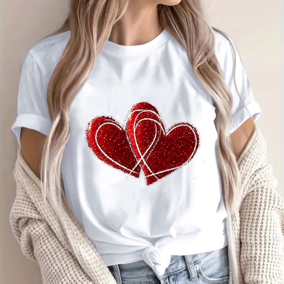 Tops for Women Valentine's Day Short Sleeve Round Neck Print T-Shirt White S