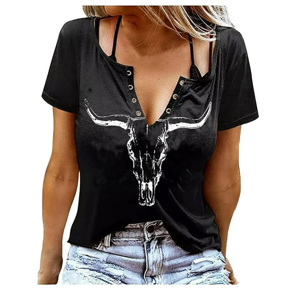 Tops for Women Vintage Western Cowgirl Graphic Printed Button V-Neck T Shirts Summer Casual Short Sleeved Outfits Blouses