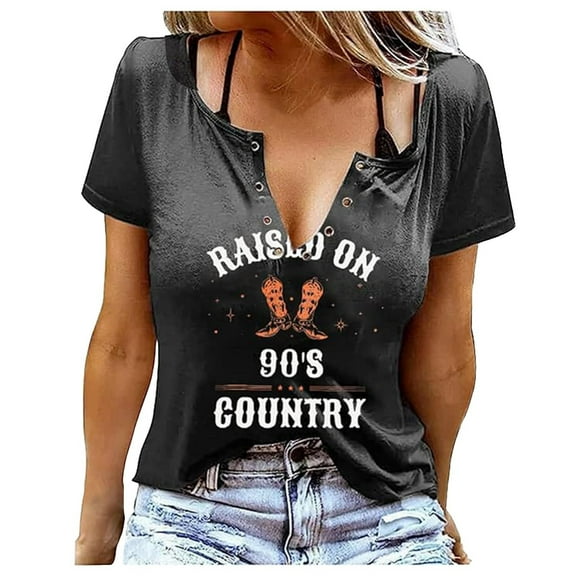 Tops for Women Vintage Western Cowgirl Graphic Printed Button V-Neck T Shirts Summer Casual Short Sleeved Outfits Blouses