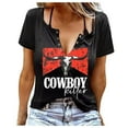 thumbnail image 1 of Tops for Women Vintage Western Cowgirl Graphic Printed Button V-Neck T Shirts Summer Casual Short Sleeved Outfits Blouses, 1 of 3