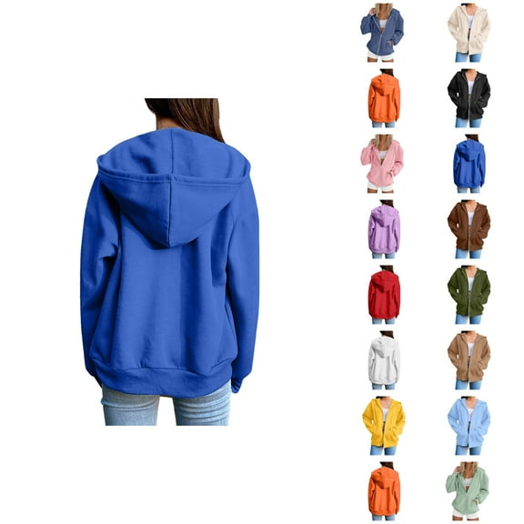 Tops for Women Women's Solid Color Sweatshirt Trendy Women's Hoodies And Sweatshirts Stylish Solid Zip Up Jacket For Everyday Wear Long Sleeve Coat