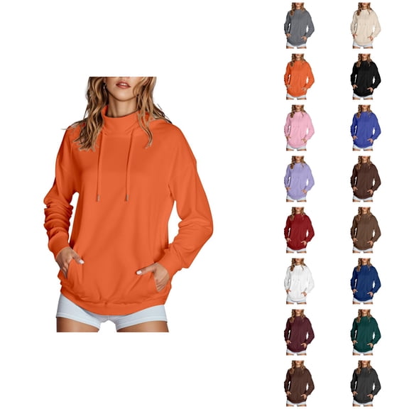Tops for Women Women's Solid Sweatshirt 2025 Women's Solid Color High Collar Hoodie With Side Pockets Non Velvet