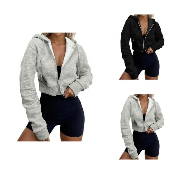 Tops for Women Women's Solid Sweatshirt Women's Casual Zip Up Hoodie Short Cropped Sweatshirt Long Sleeve Pullover Tops For Fall Winter Comfort Wear