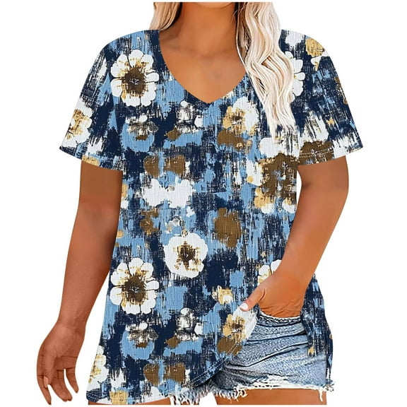 Tops for Women Women's Summer Short Sleeve T-Shirt Floral Print V Neck Oversized Loose Tops Fashion Casual Shirts Dressy Blouse Trendy Tee Shirts