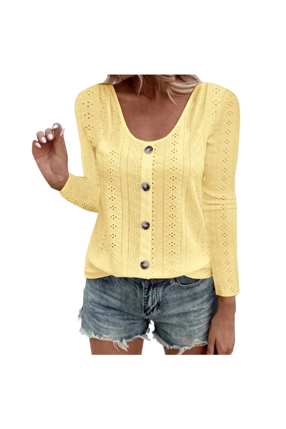 Tops for Women, Women's V Neck Tops Crochet Eyelet Plus Size Long Sleeve Casual Button Down Shirts Elegant Work Blouses 2026 Yellow M