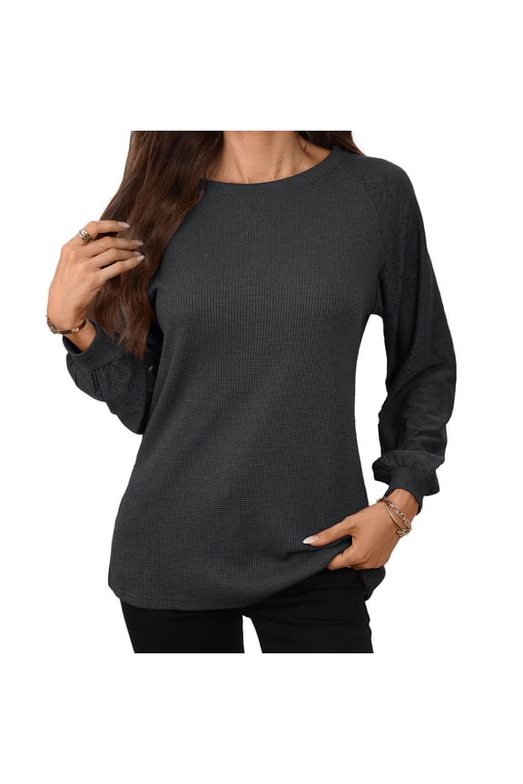 Tops for Women, Women's Waffle Long Sleeve Tops Crew Neck Pullover Sweater Loose Casual Fall Shirts Gray S