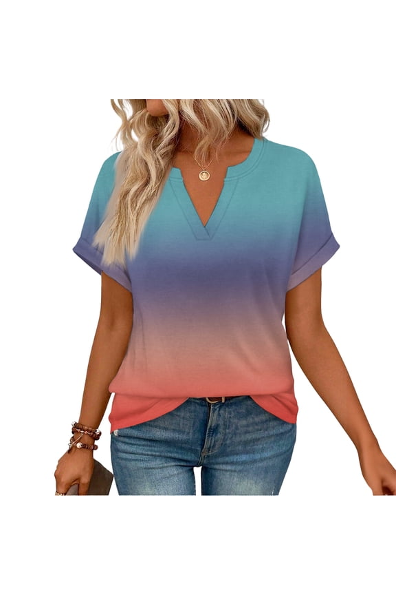 Tops for Women Ombre V-Neck Short Sleeve Color Gradient Blouses Rolled Cuff Loose Fit Casual Summer Shirts Daily Wear Watermelon Red 2XL