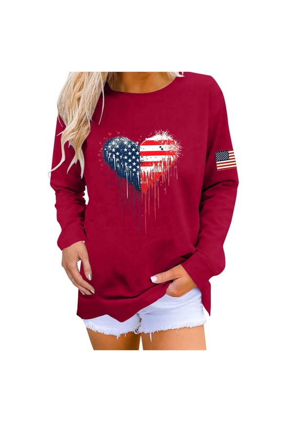 Tops for Women's Long Sleeves Crewneck Sweatshirts 4th of July Independence Day American Flag Pullover Shirts