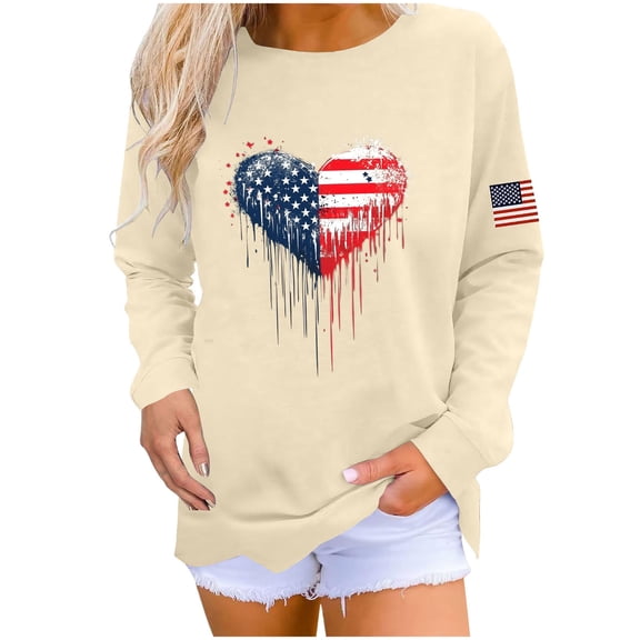 Tops for Women's Long Sleeves Crewneck Sweatshirts 4th of July Independence Day American Flag Pullover Shirts
