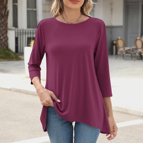Tops for Women's Trendy Solid Color 3/4 Sleeves Notched V-Neck T-Shirts Basic Plain Shirts Tunic Blouses Hot Pink S-Xxl
