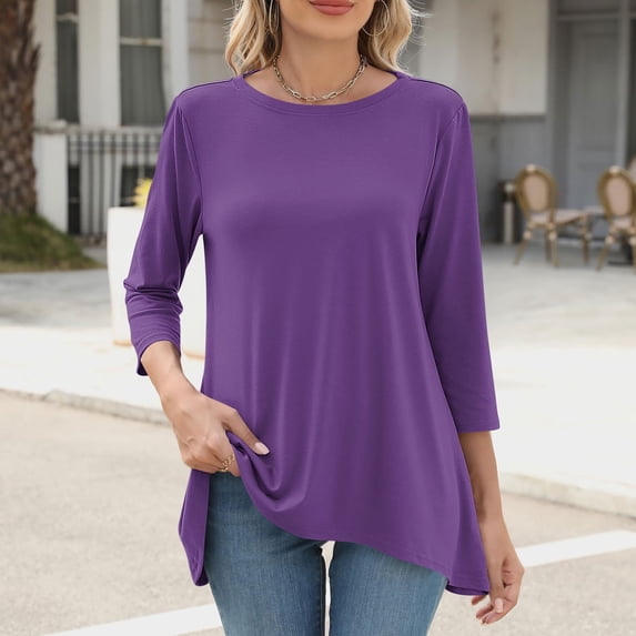 Tops for Women's Trendy Solid Color 3/4 Sleeves Notched V-Neck T-Shirts Basic Plain Shirts Tunic Blouses Purple S-Xxl
