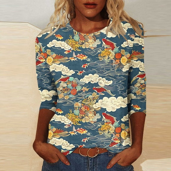 Tops for Women under $10 3/4 Sleeve Round Neck Printed Loose T-shirt Multicolor XXXXXL