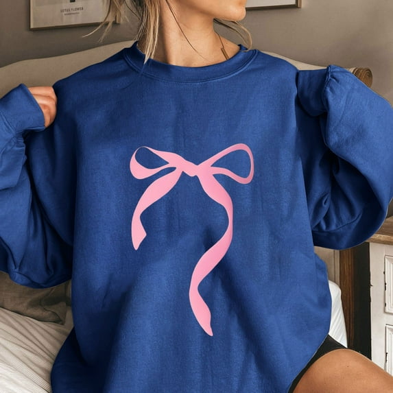 Tops for Women under $10 Bow Tie Printing Long Sleeve Round Neck Loose Sweatshirts Blue S