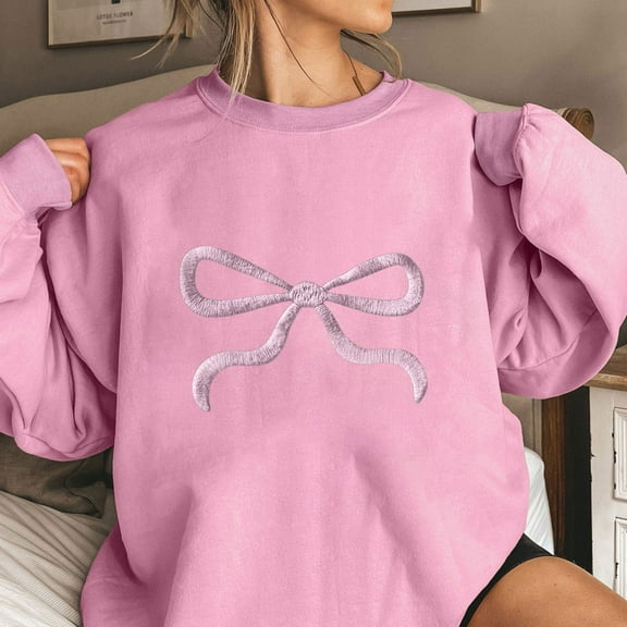 Tops for Women under $10 Long Sleeve Bow Tie Printing Round Neck Loose Sweatshirts Pink S