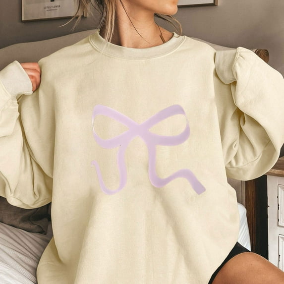 Tops for Women under $10 Long Sleeve Round Neck Bow Tie Printing Loose Sweatshirts Beige S