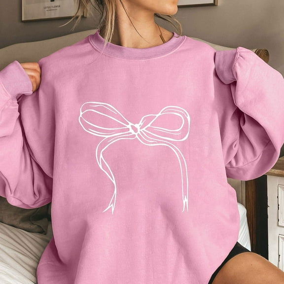 Tops for Women under $10 Long Sleeve Round Neck Bow Tie Printing Loose Sweatshirts Pink XL