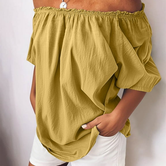 Tops for Women under $10 Short Sleeved Cotton Linen Elastic Casual Solid Color One Shoulder Top Yellow XXXXL