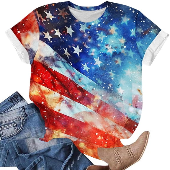 Tops for Women Plus Size Short Sleeved Round Neck Independence Day Printed Casual Pullover Top Multicolor XXXXL
