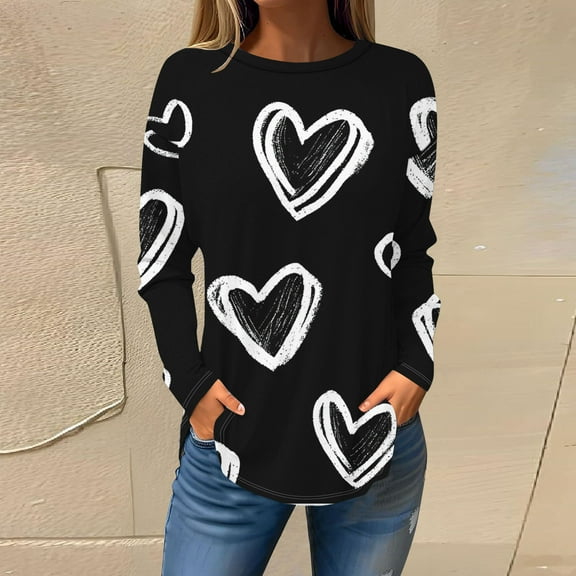 Tops for Women under $10 Valentine's Day Long Sleeves Printed Loose Round Neck Casual T-shirt Black XL