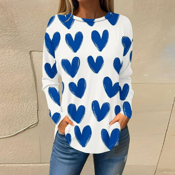 Tops for Women under $10 Valentine's Day Long Sleeves Printed Loose Round Neck Casual T-shirt Light Blue XL