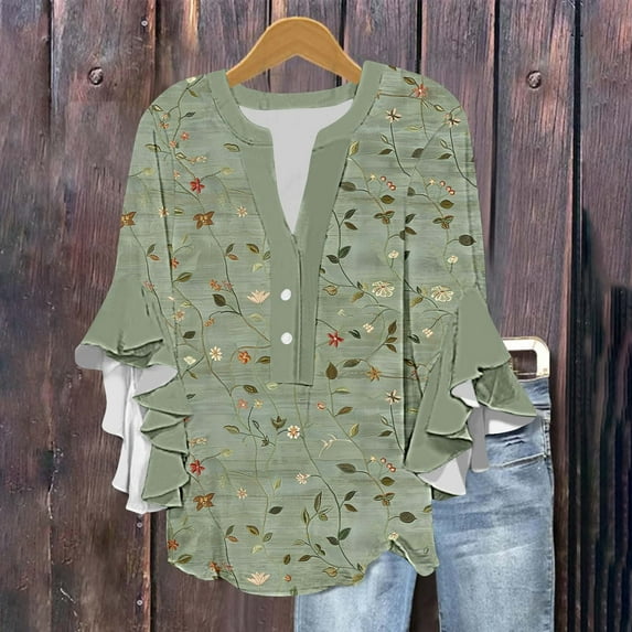 Tops for Women under $5 3/4 Lace Sleeve V-neck Button Casual Print Loose Top Multicolor M