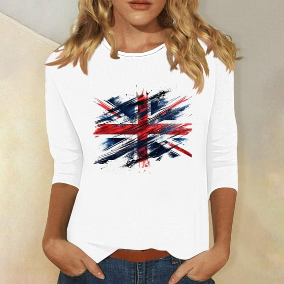 Tops for Women under $5 3/4 Sleeve Independence Day Printed Round Neck Pullover Casual Top Multicolor