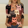 thumbnail image 1 of Tops for Women under $5 3/4 Sleeve Kitty-cat Print Round Neck Blouse Orange L, 1 of 5