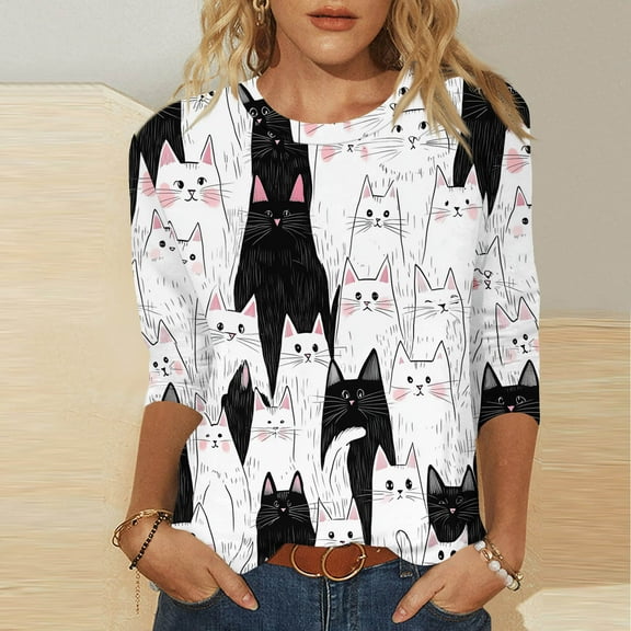 Tops for Women under $5 3/4 Sleeve Kitty-cat Print Round Neck Blouse White L