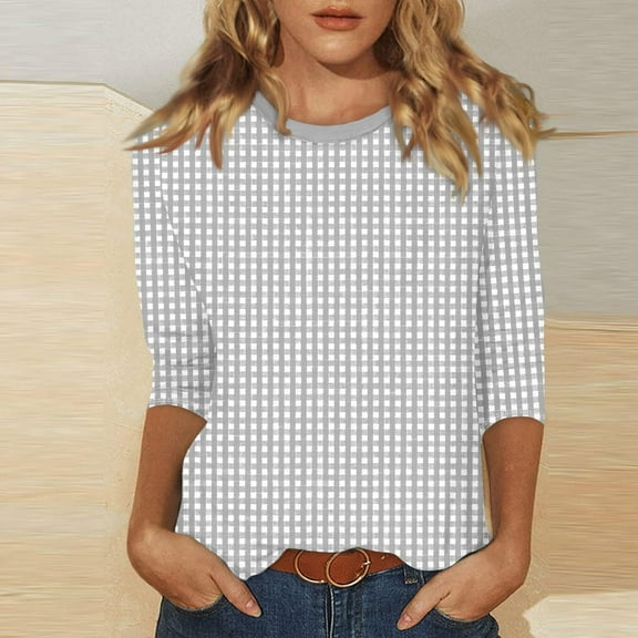 Tops for Women under $5 3/4 Sleeve Plaid Round Neck Casual Print T-shirt Blouse Gray